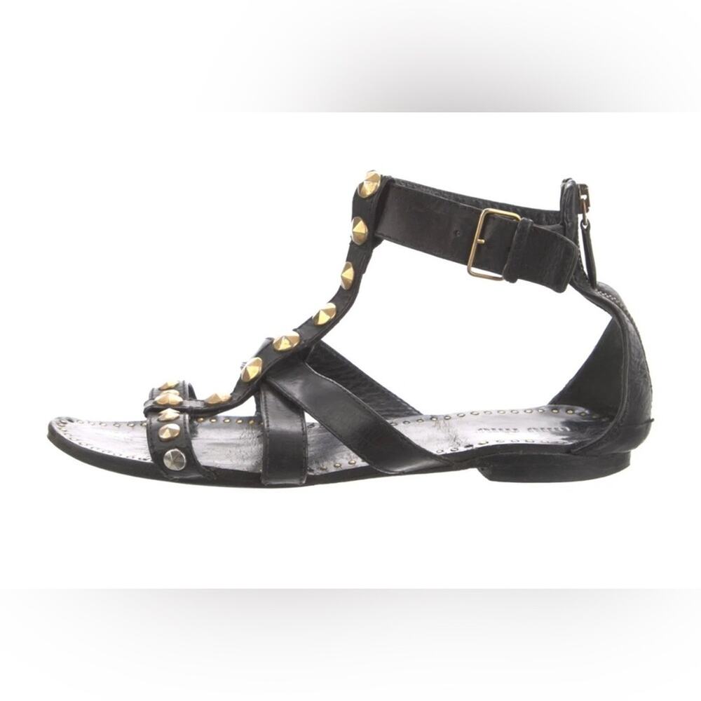 Miu Miu Leather Studded Accents T-Strap Sandals Women's Size: 41| IT 11